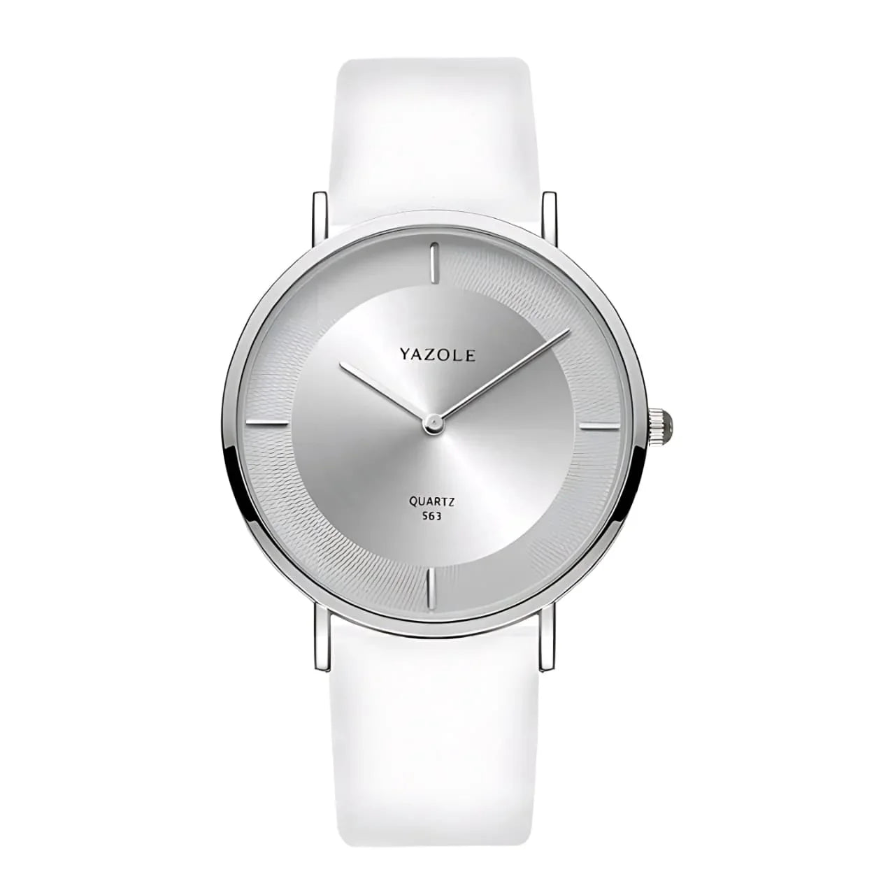 Yazole quartz wristwatch with minimalist silver dial and white leather strap