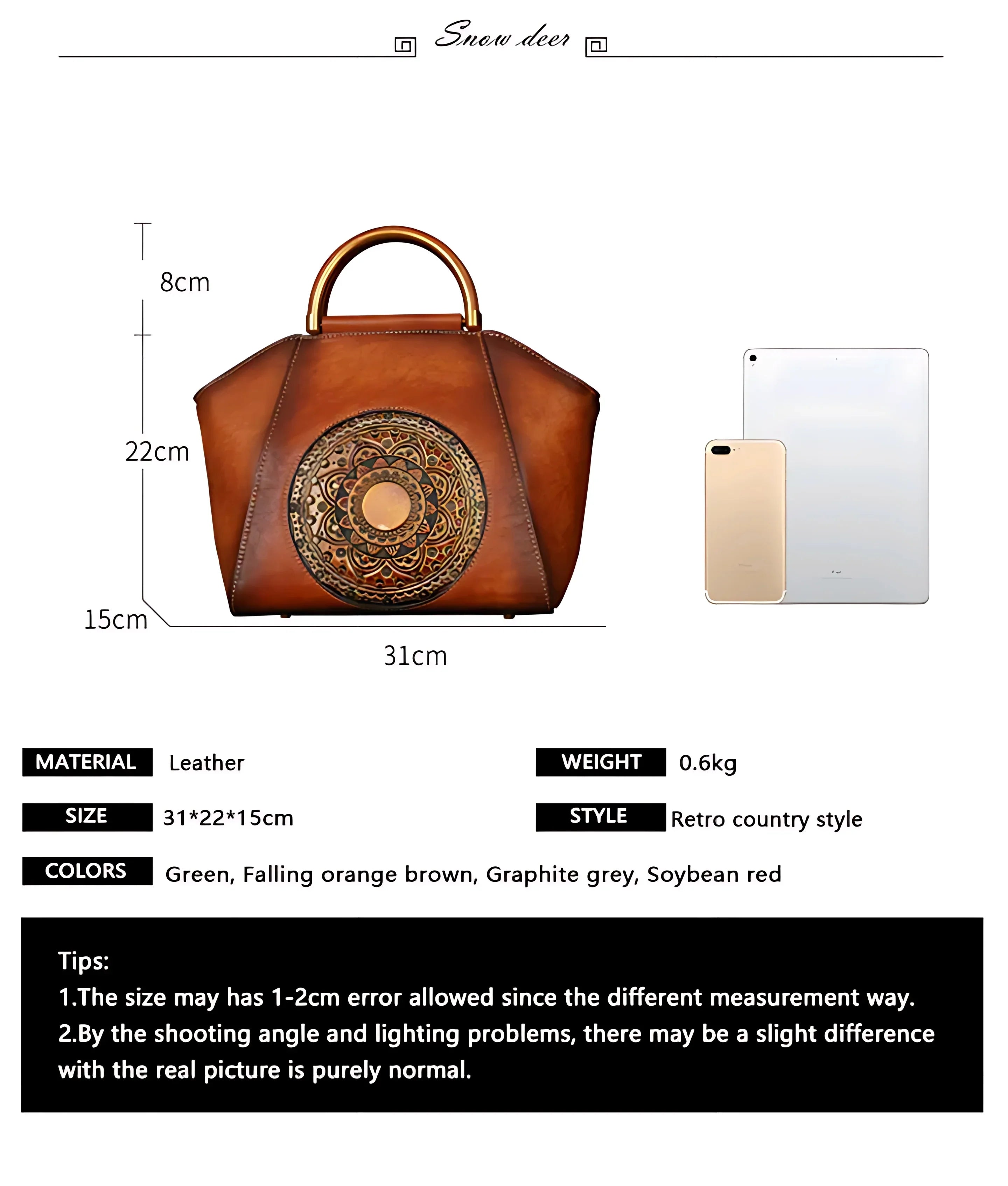 Brown leather handbag with round intricate mandala design and top handle, retro country style, 31x22x15cm
