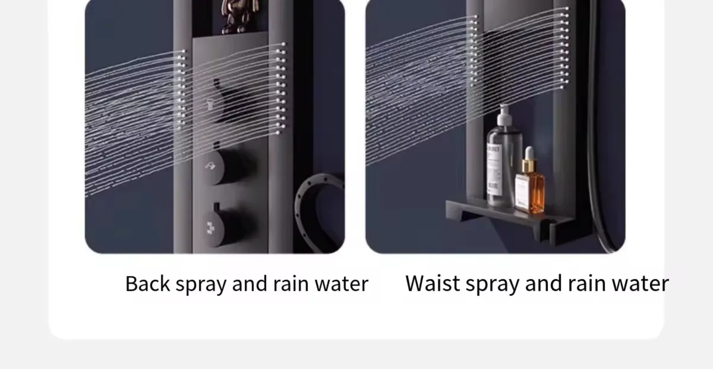 Modern black shower panel with back spray and waist spray alongside rain water feature