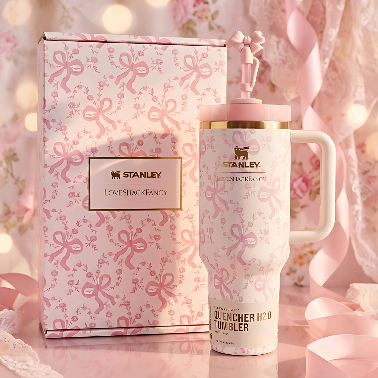 Stanley x LoveShackFancy 40oz Quencher® H2.0 FlowState™ Tumbler | Coquette Bow Chantilly