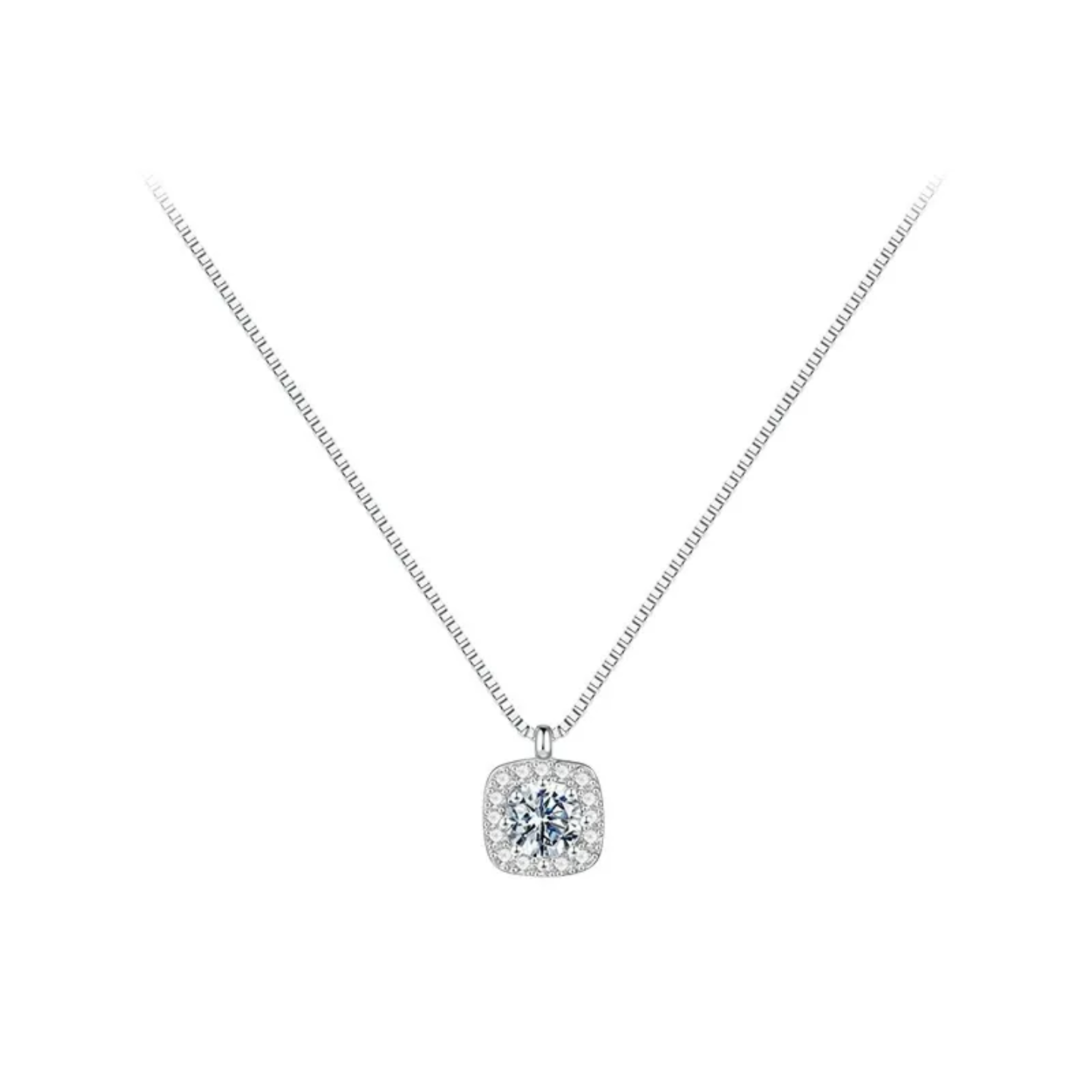 Elegant silver necklace with a square pendant featuring a central sparkling diamond surrounded by smaller diamonds