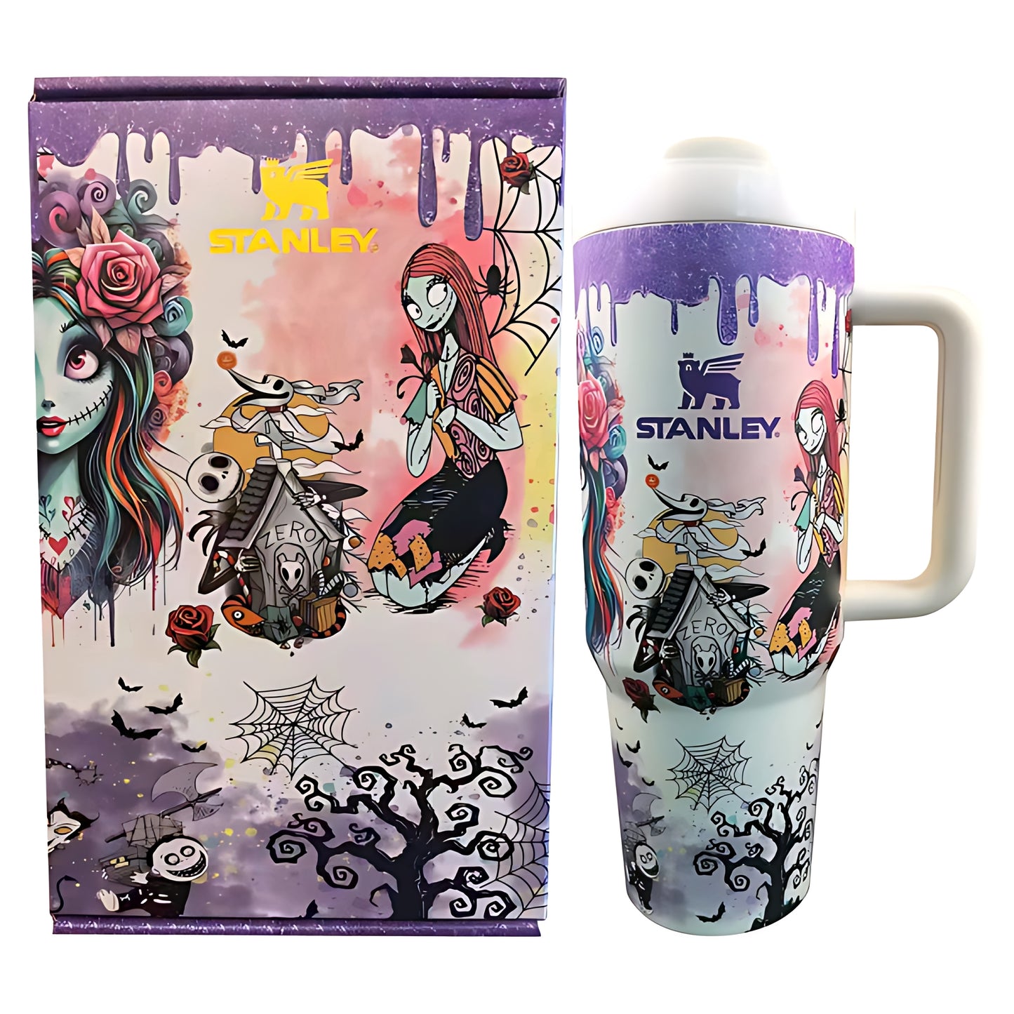 Stanley insulated mug and box with colorful Halloween-themed illustrations, spider webs, and characters