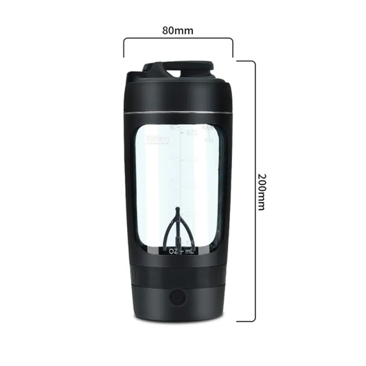Black portable electric blender bottle with measurement markings and dimensions 80mm width, 200mm height