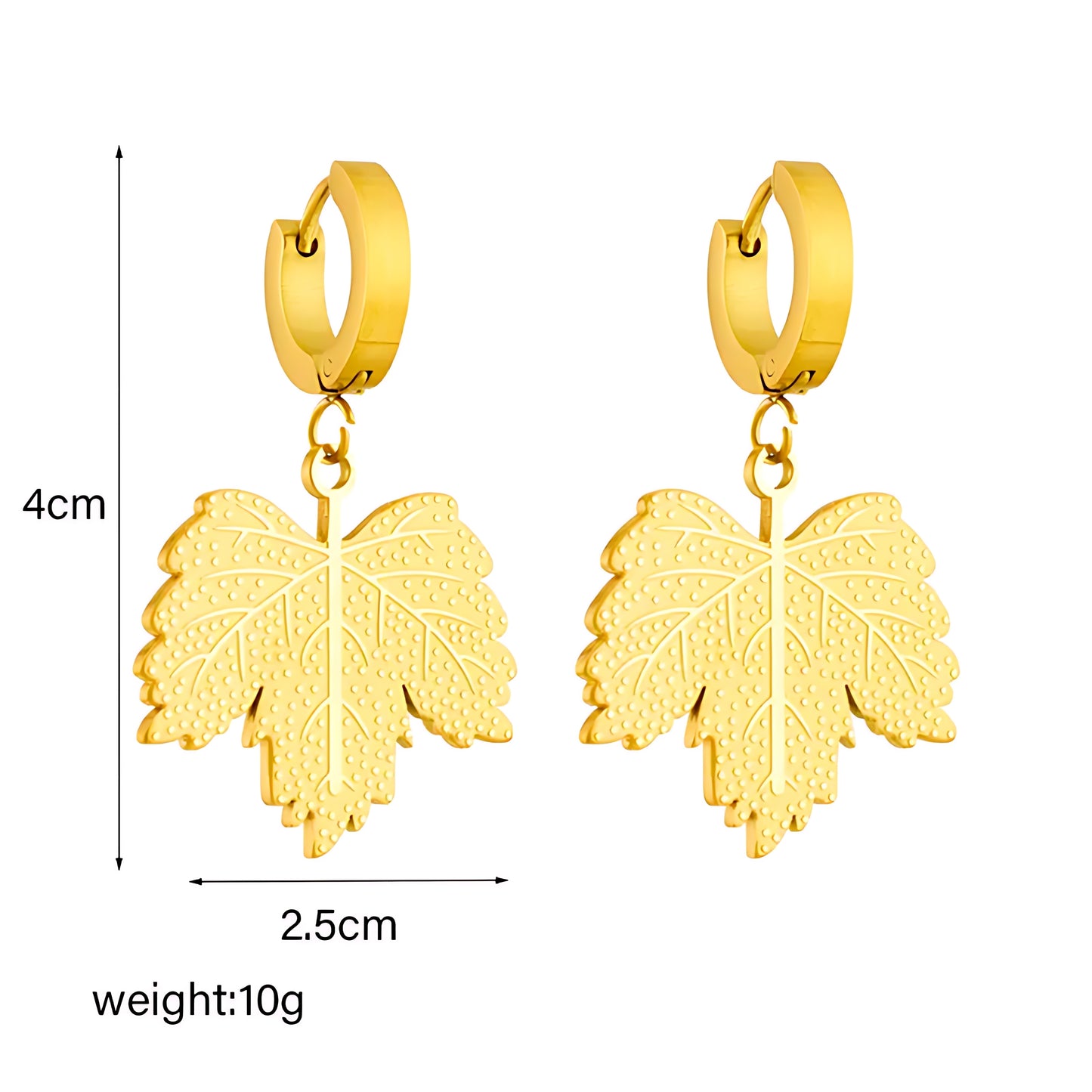 Gold-tone leaf-shaped dangle earrings with textured details, 4cm length, 2.5cm width, 10g weight