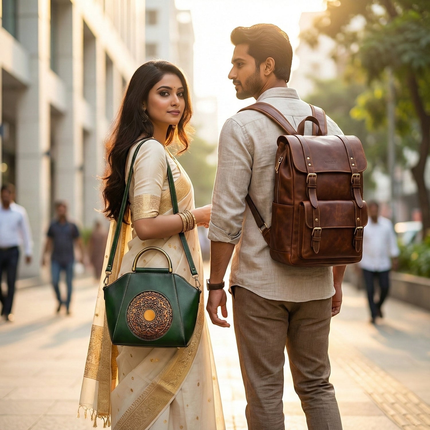 Woman in beige saree with green handbag and man in beige shirt with brown leather backpack walking on city street