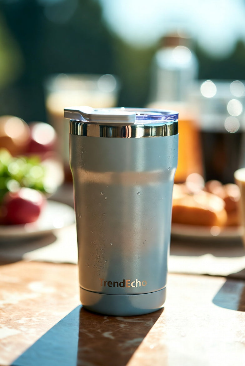 Silver insulated travel mug with lid and TrendEcho logo on sunlit table with breakfast items blurred in background