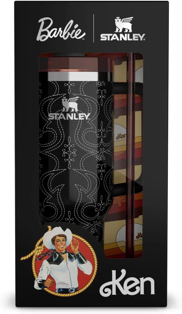Barbie and Stanley black travel mug with white stitching pattern in Ken-themed packaging featuring cowboy Ken illustration