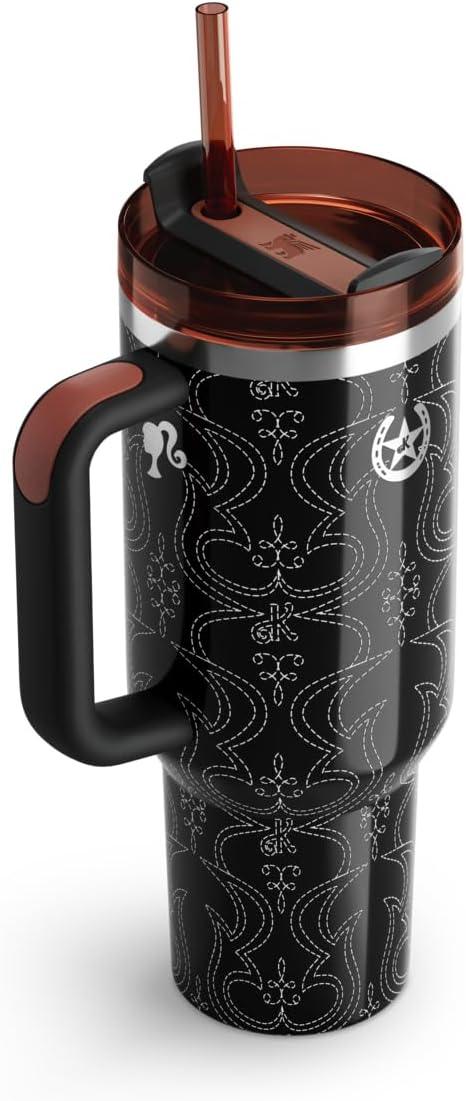 Black travel mug with handle, brown lid and straw, featuring white western stitch and horseshoe design