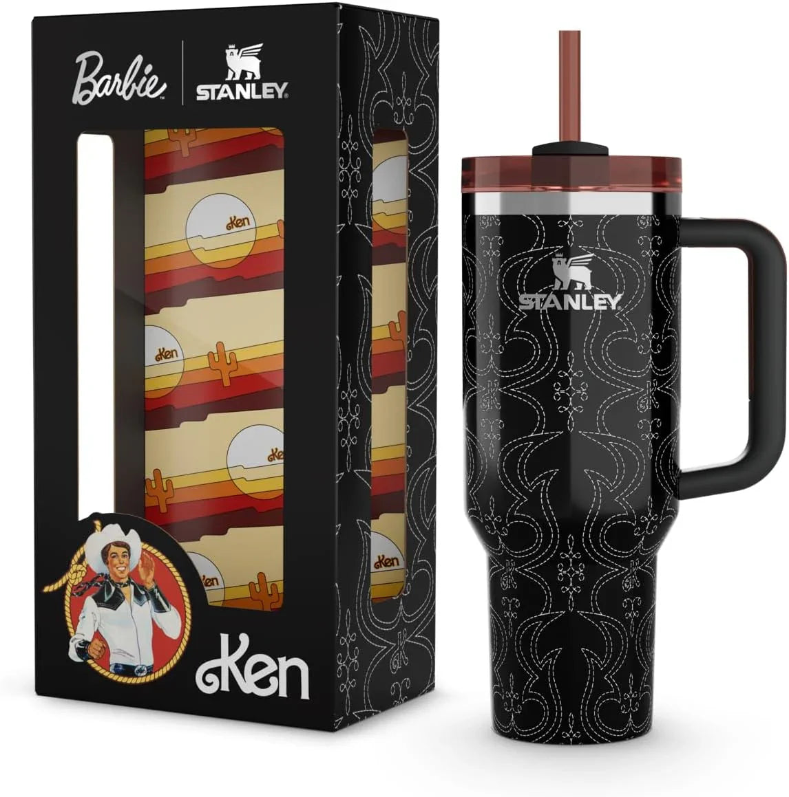 Stanley black travel mug with white stitched pattern and pink lid next to Barbie Ken collaboration box