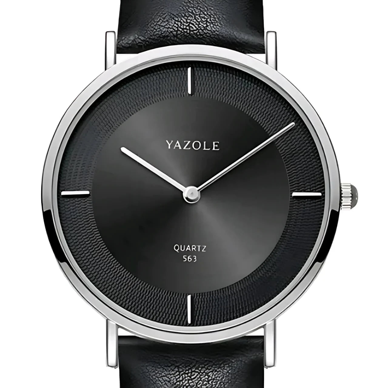 Yazole men's black leather strap quartz wristwatch with minimalist black dial
