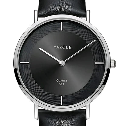 Yazole men's black leather strap quartz wristwatch with minimalist black dial