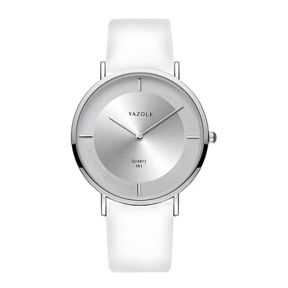 Yazole quartz wristwatch with minimalist silver dial and white leather strap