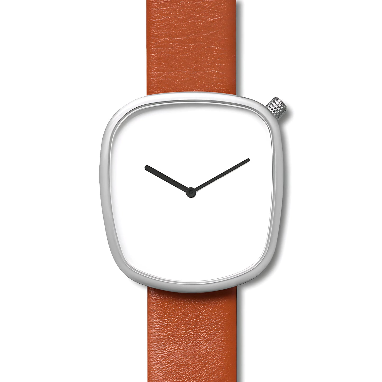 Minimalist wristwatch with white square dial, silver frame, black hands, and brown leather strap