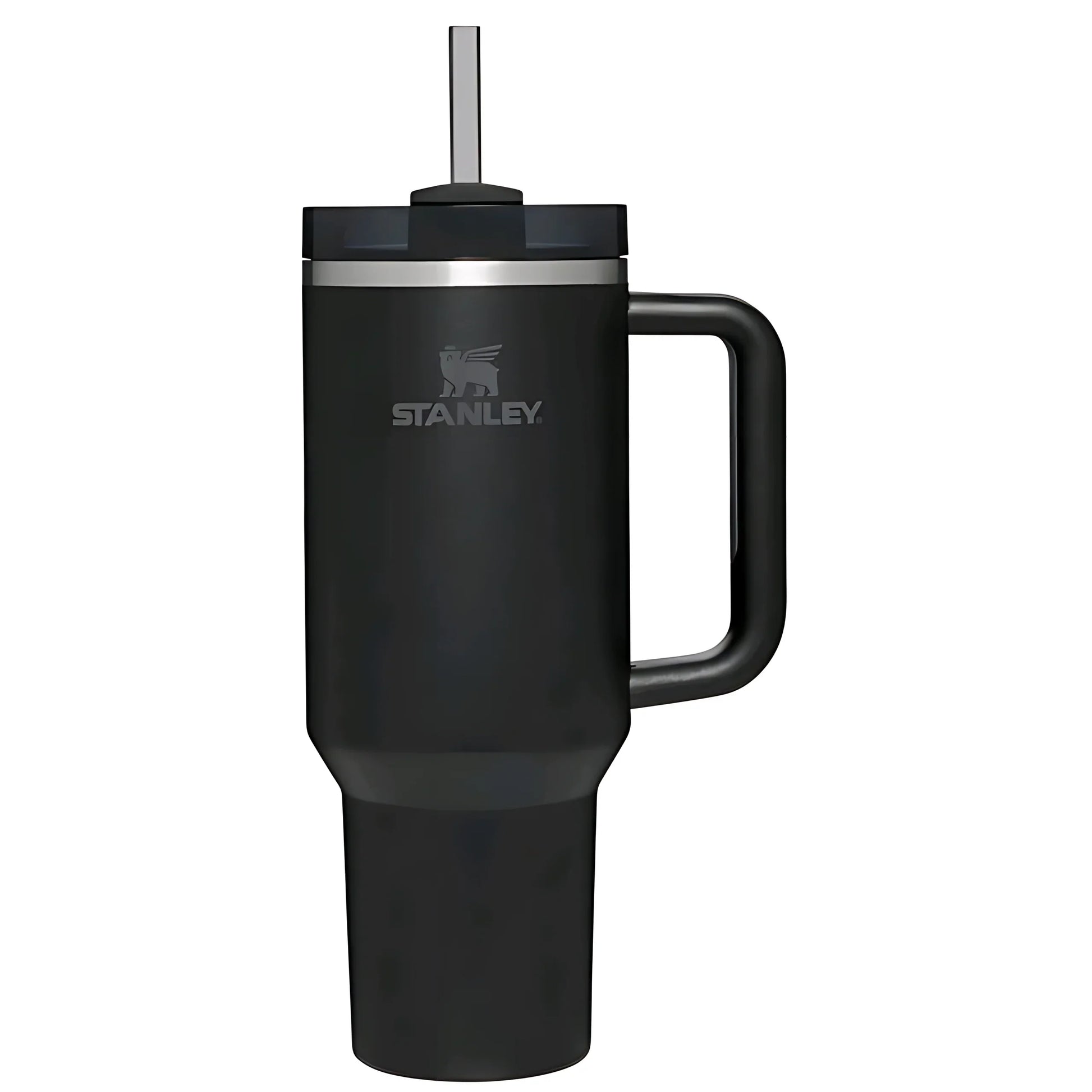 Black Stanley insulated travel mug with handle and straw, stainless steel trim