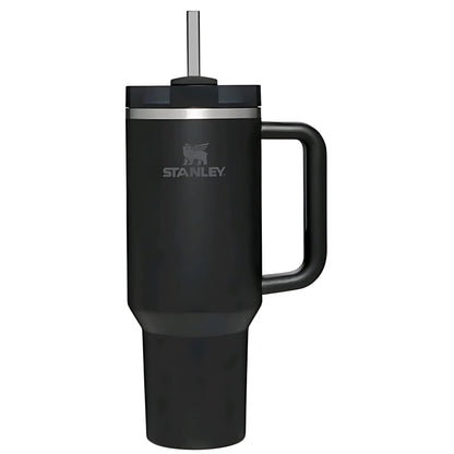 Black Stanley insulated travel mug with handle and straw, stainless steel trim