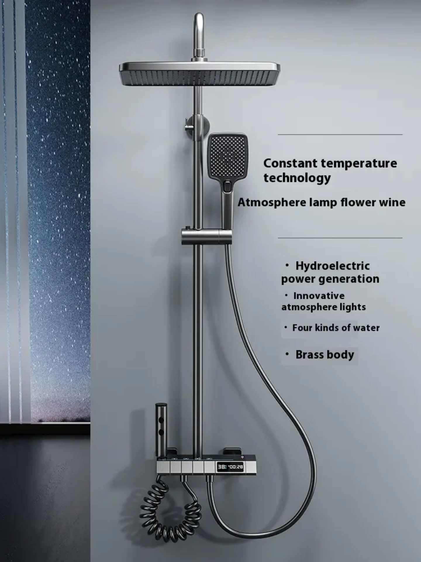Modern shower system with square overhead and handheld showerheads, digital temperature display