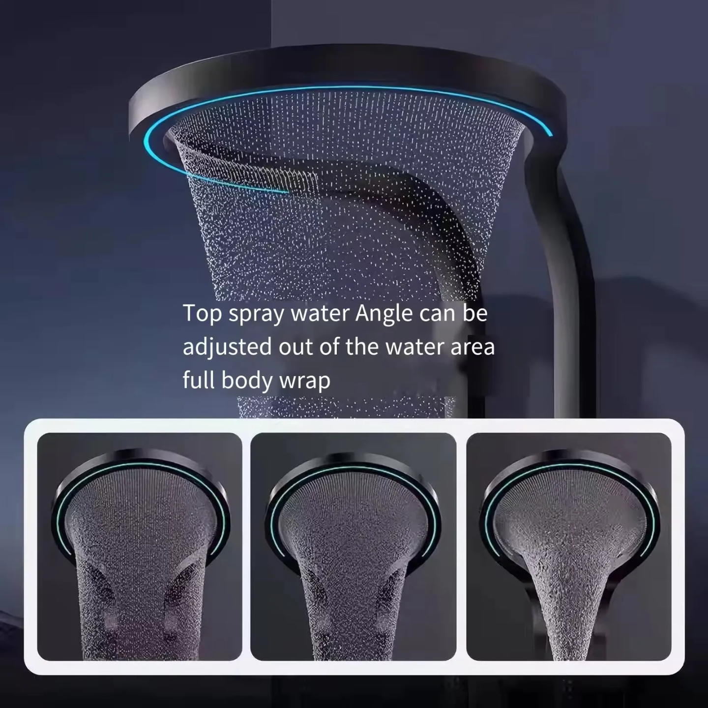 Modern black round rain shower head with adjustable water spray angle and blue LED light