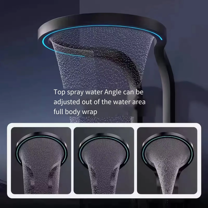 Modern black round rain shower head with adjustable water spray angle and blue LED light
