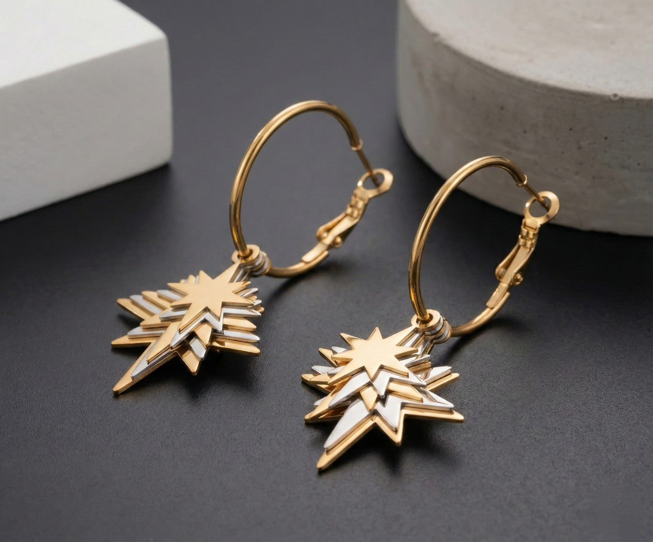 Premium Gold Starburst Dangle Hoop Earrings for Women – Trendy Party & Daily Wear