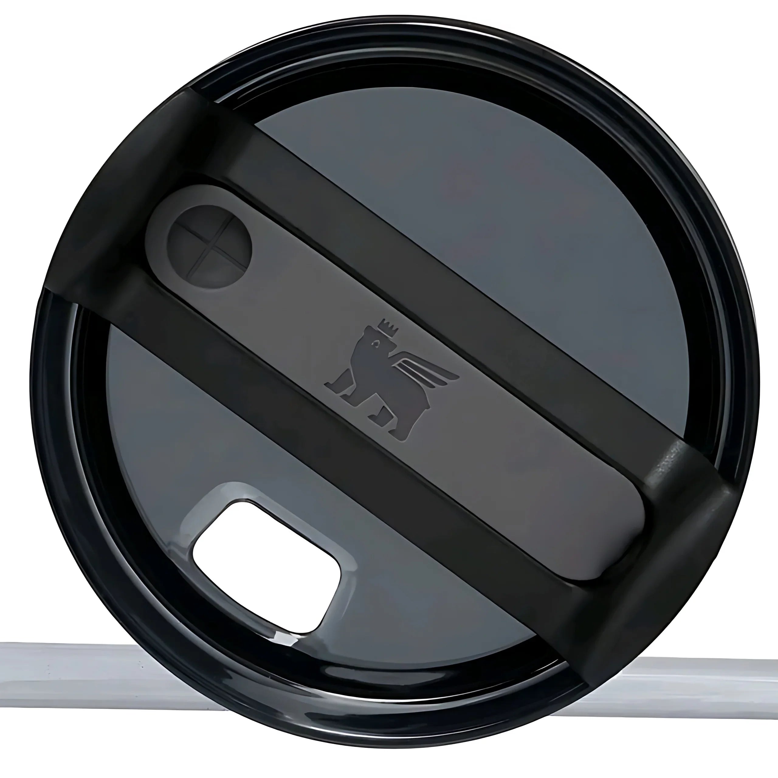 Black circular weighted exercise balance board with logo in the center and handle cutout