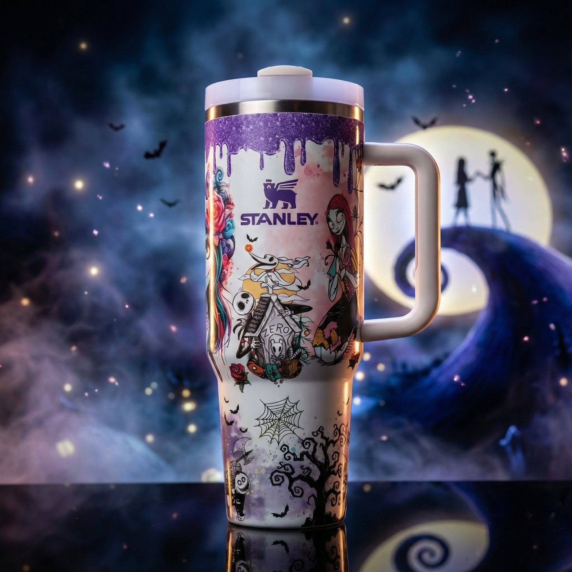 Stanley travel mug with The Nightmare Before Christmas design featuring Jack, Sally, and Zero against a spooky Halloween night backdrop