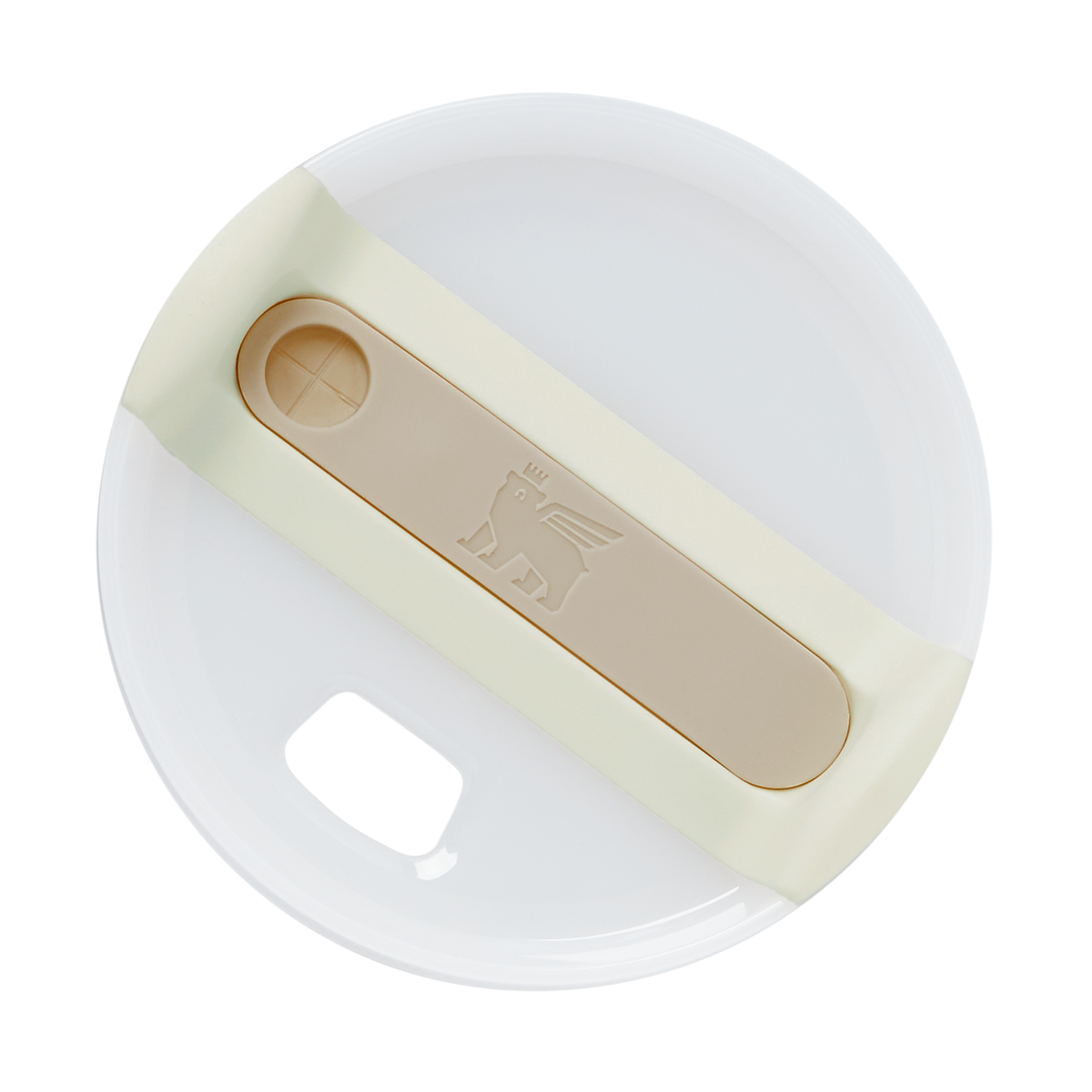 white circular coffee cup lid with beige silicone grip band featuring embossed lion logo