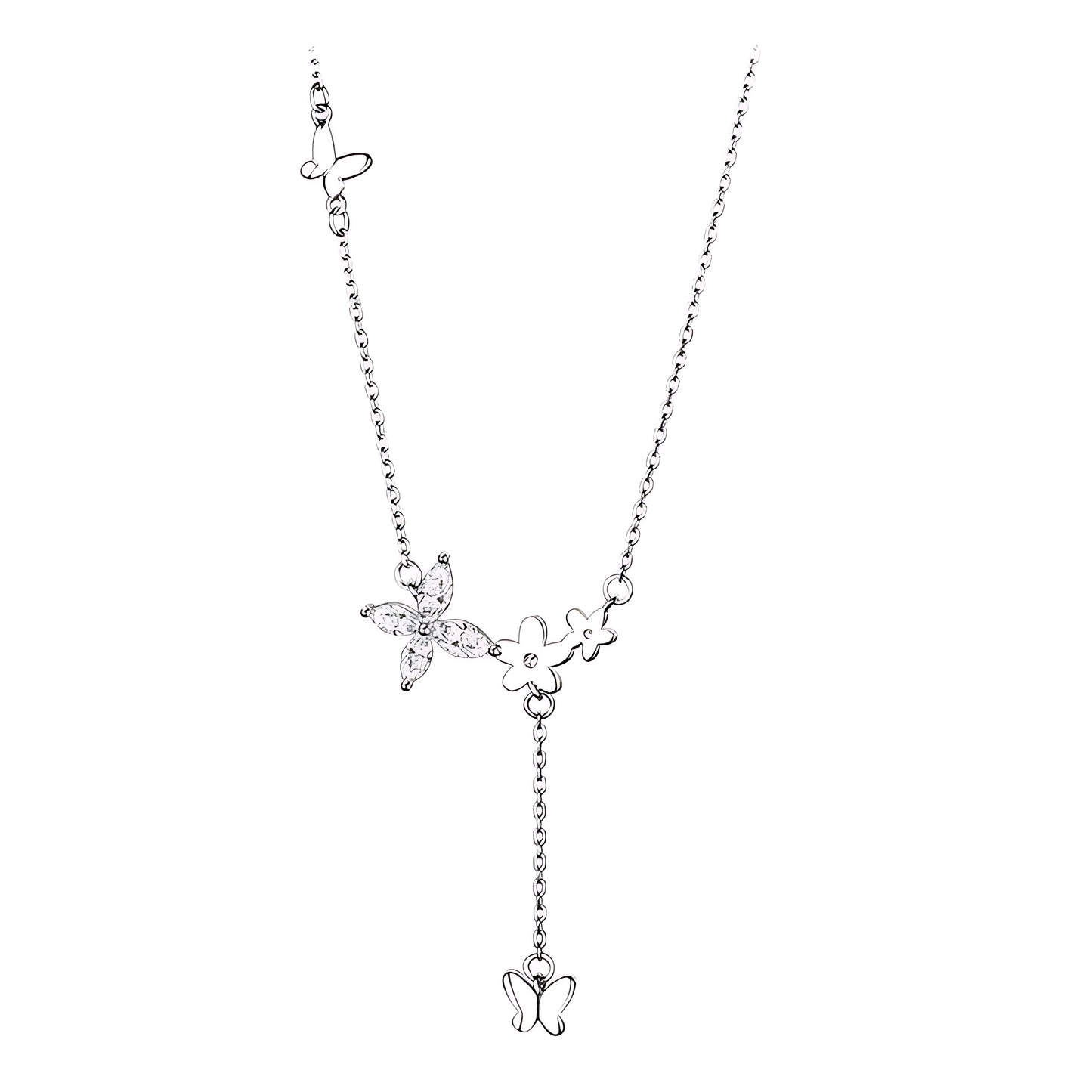 Delicate silver necklace with butterfly and flower charms, featuring crystal accents