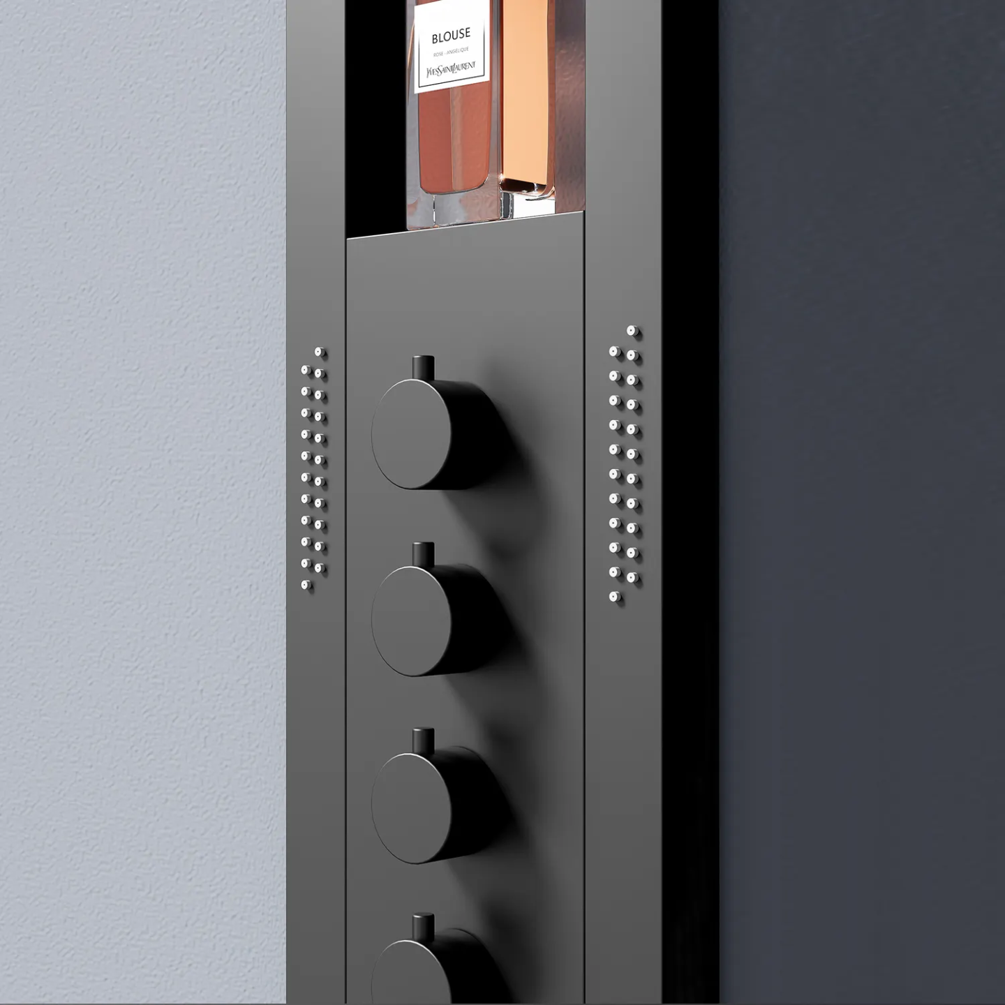 Modern black shower panel with four round knobs and side LED water jets against blue wall