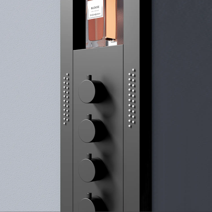Modern black shower panel with four round knobs and side LED water jets against blue wall