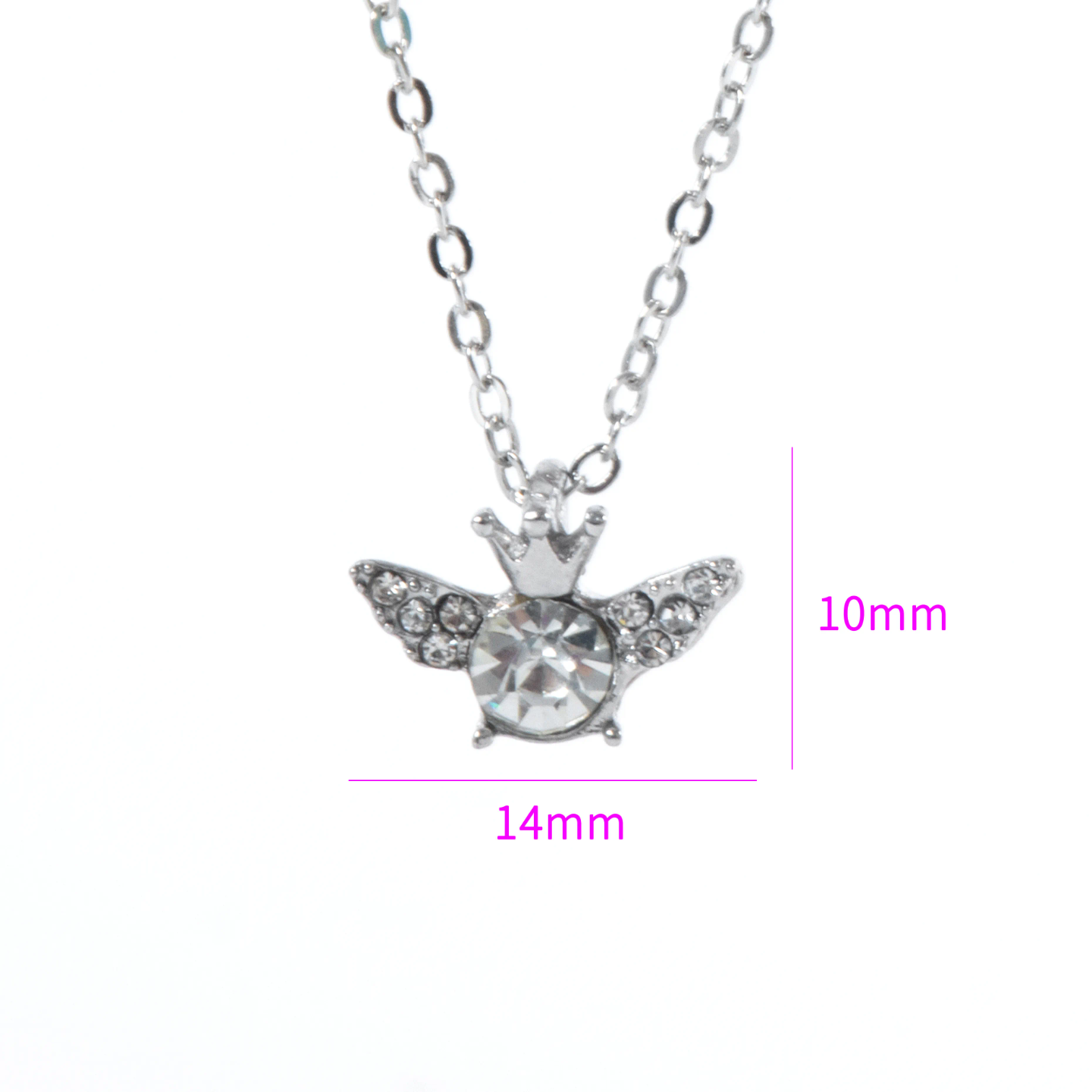 silver angel wing pendant necklace with crystal crown and dimensions 14mm by 10mm