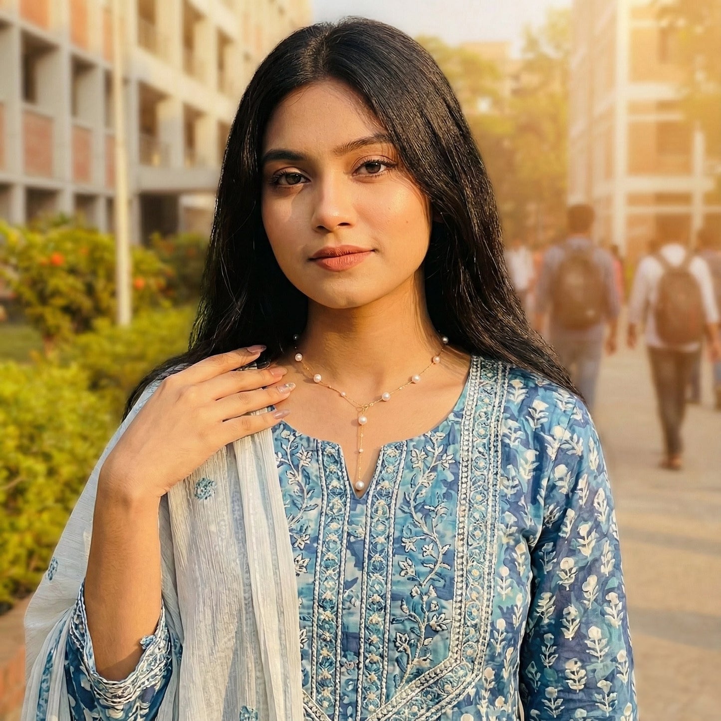 Young woman in blue floral kurta with pearl necklace outdoors at sunset on campus walkway