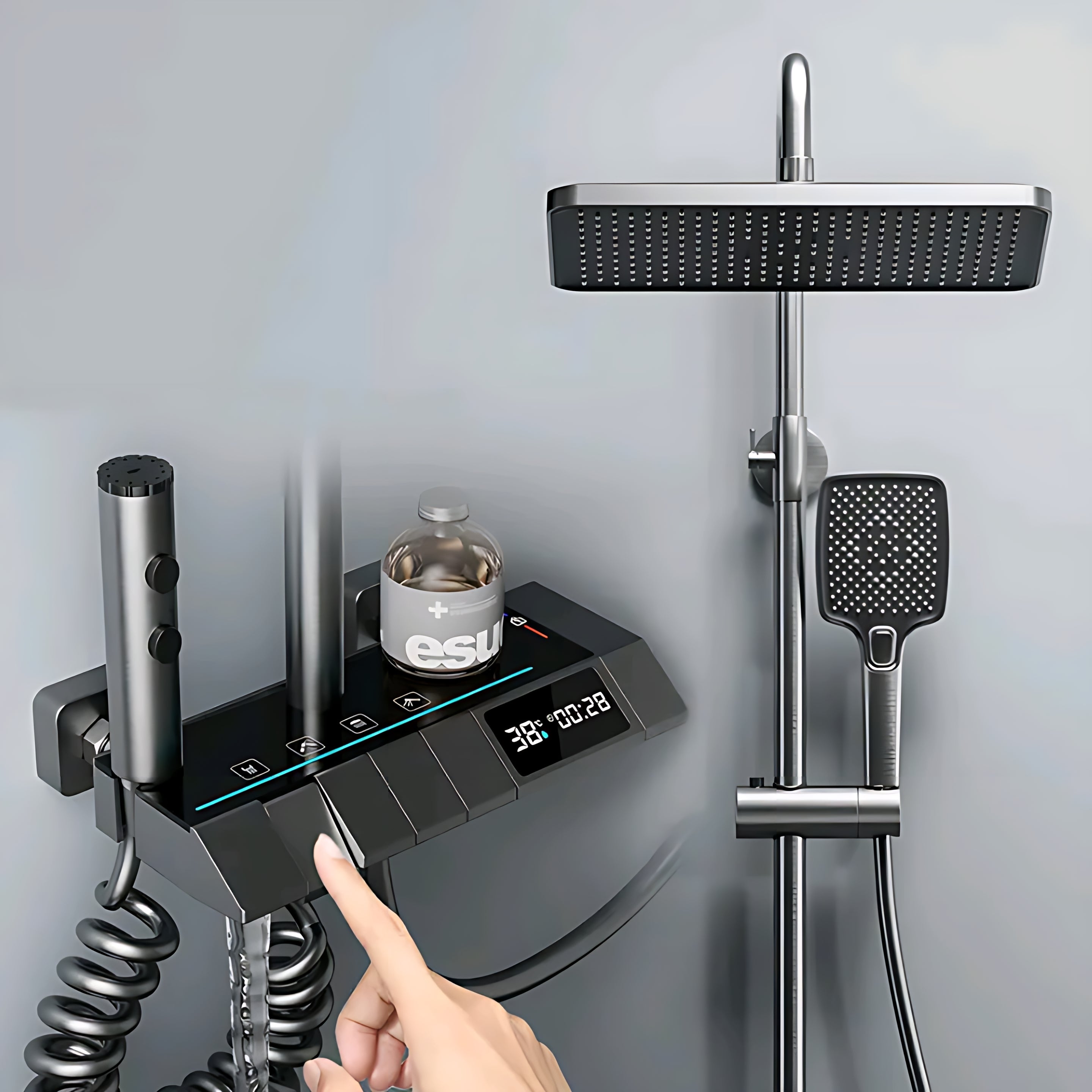 Modern digital shower panel with touchscreen control, temperature display, handheld and overhead rain shower