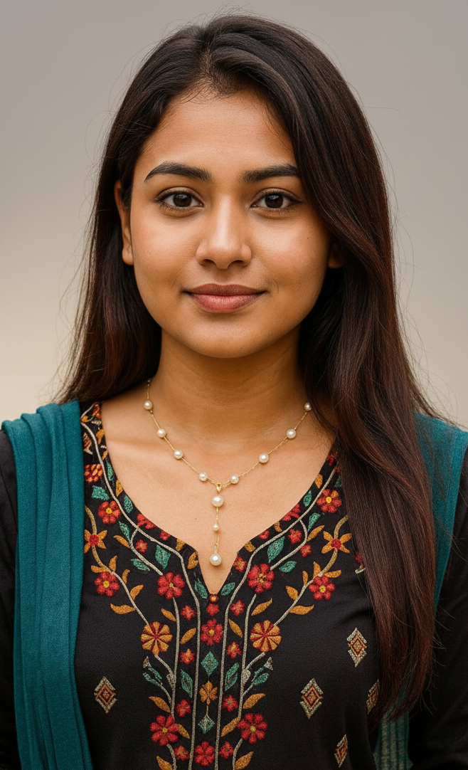 Portrait of a young woman with long dark hair wearing a floral embroidered black top and pearl necklace
