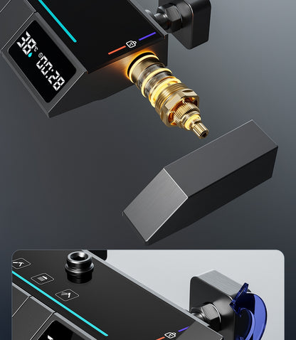 Close-up of a digital temperature control valve with a brass mechanism and black handle featuring a digital display