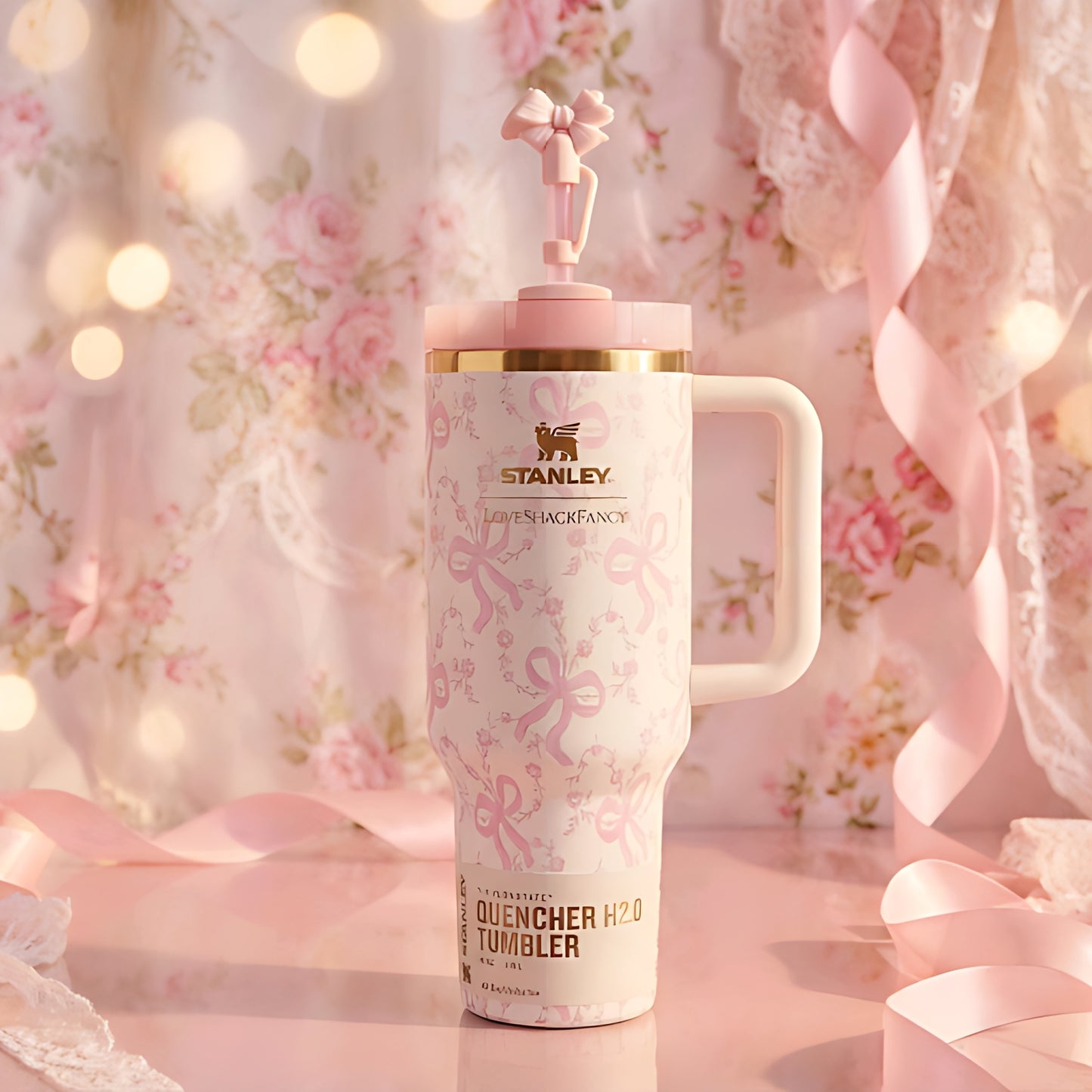 Stanley x LoveShackFancy 40oz Quencher® H2.0 FlowState™ Tumbler | Coquette Bow Chantilly
