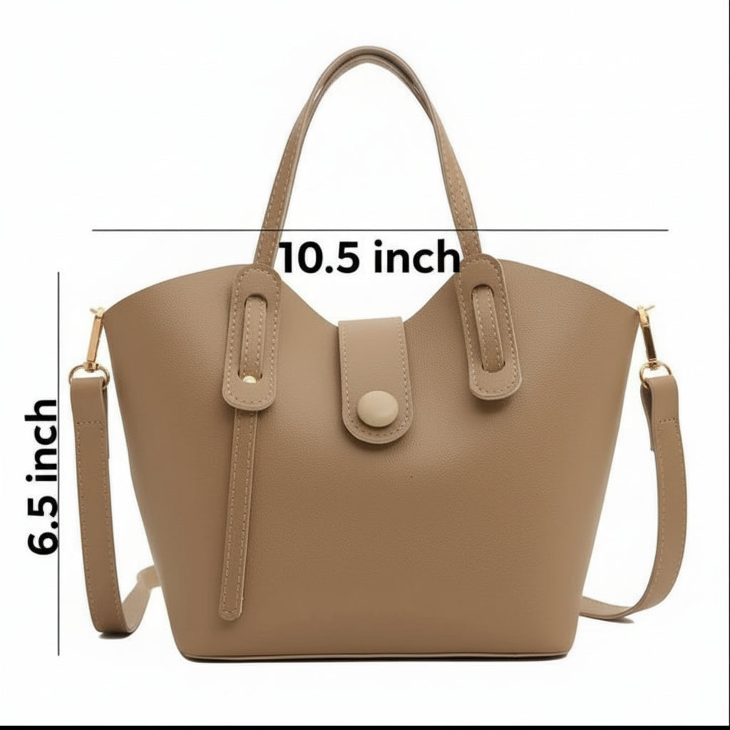 Beige leather handbag with top handles, detachable shoulder strap, 10.5x6.5 inch dimensions
