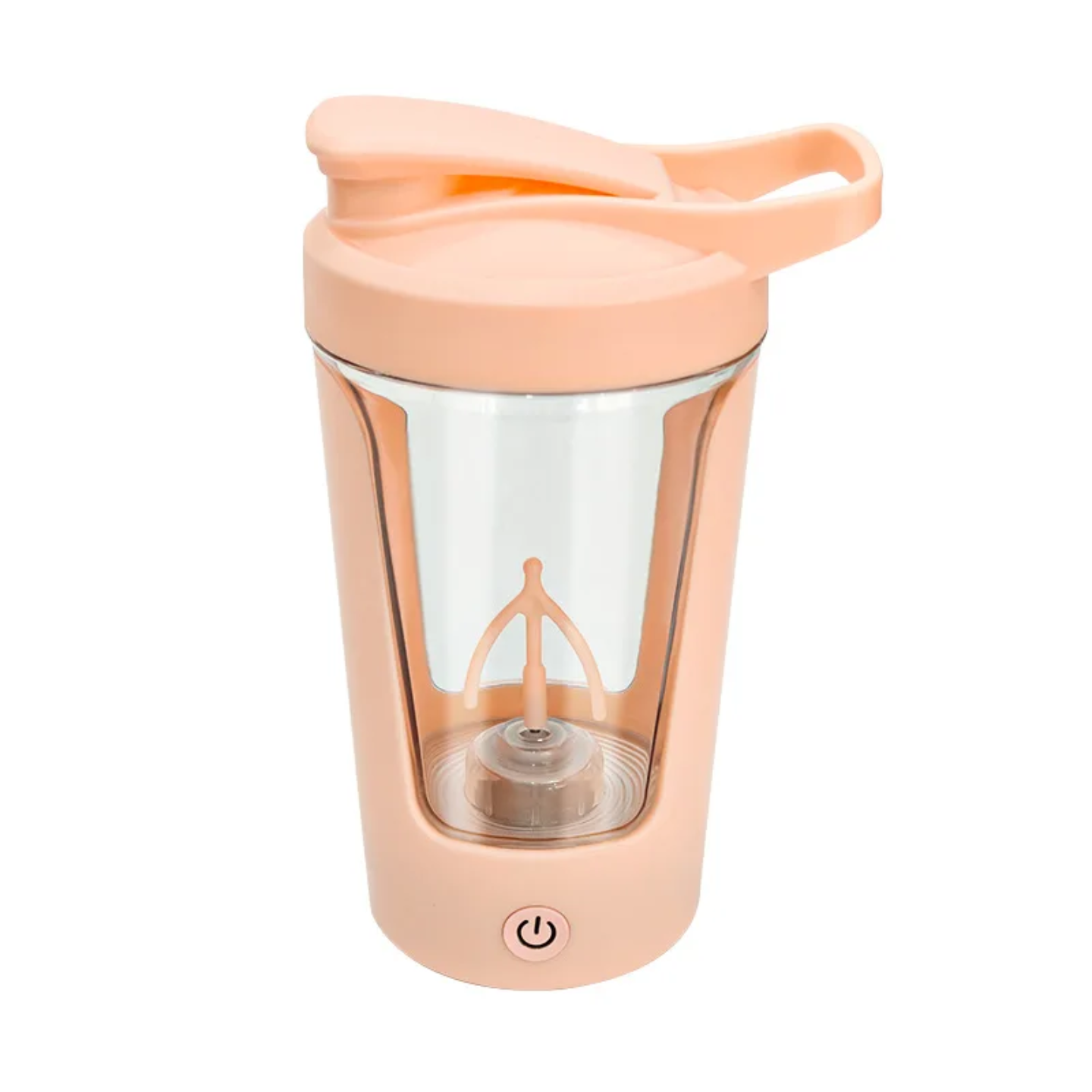 Peach-colored portable electric blender cup with clear container and lid, power button visible