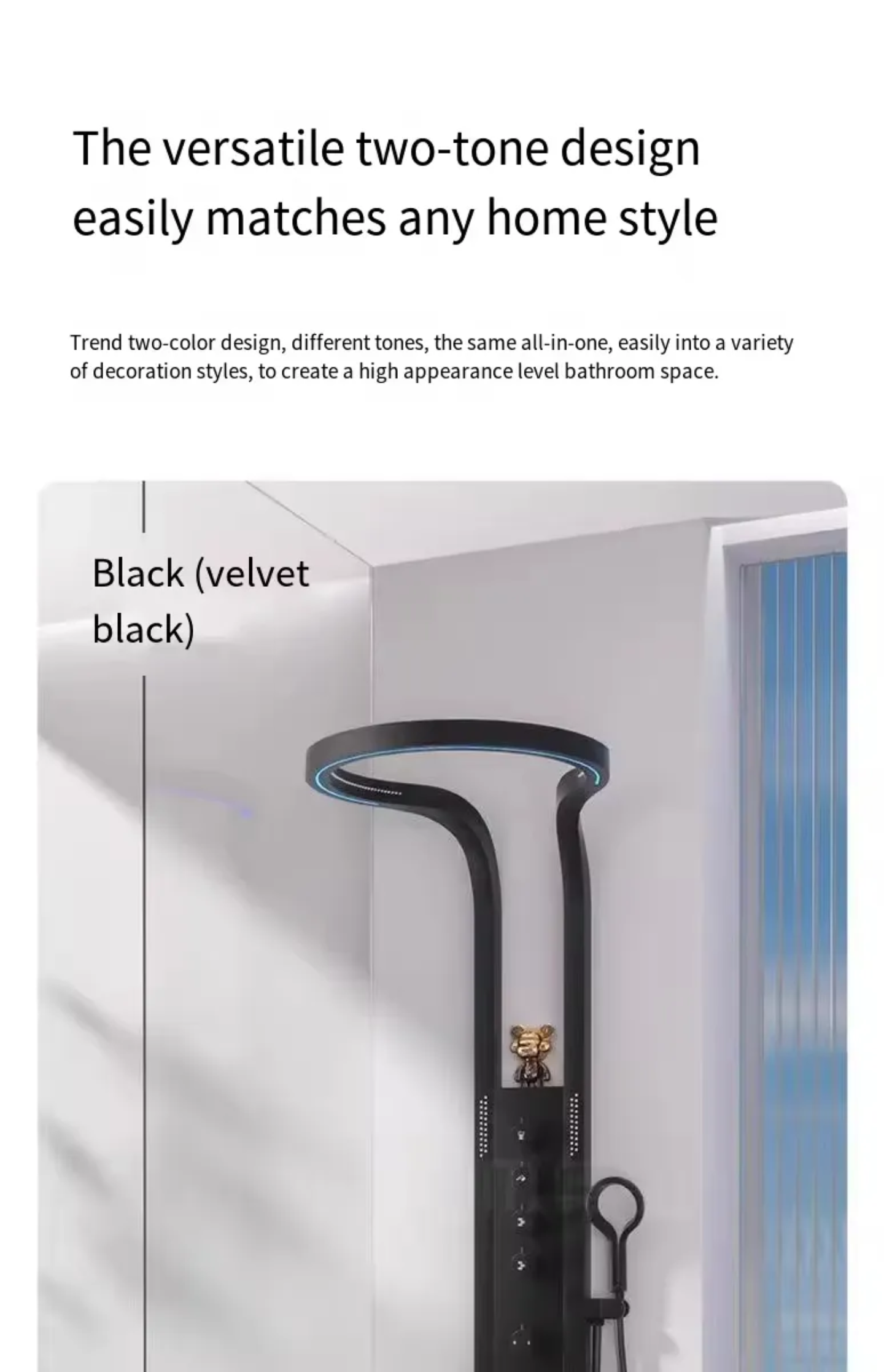Modern bathroom shower panel in two-tone black velvet design with multiple controls