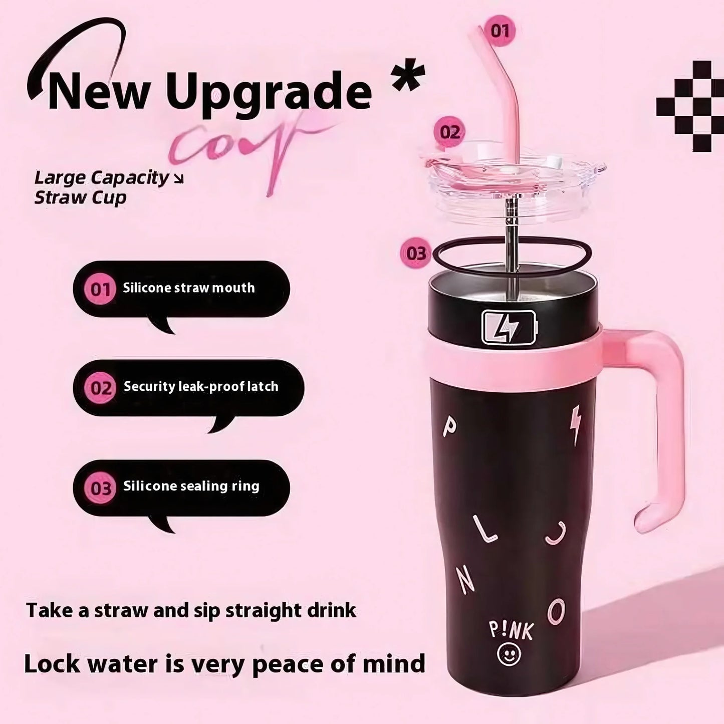 Black and pink large capacity straw cup with silicone straw mouth, leak-proof latch, and sealing ring