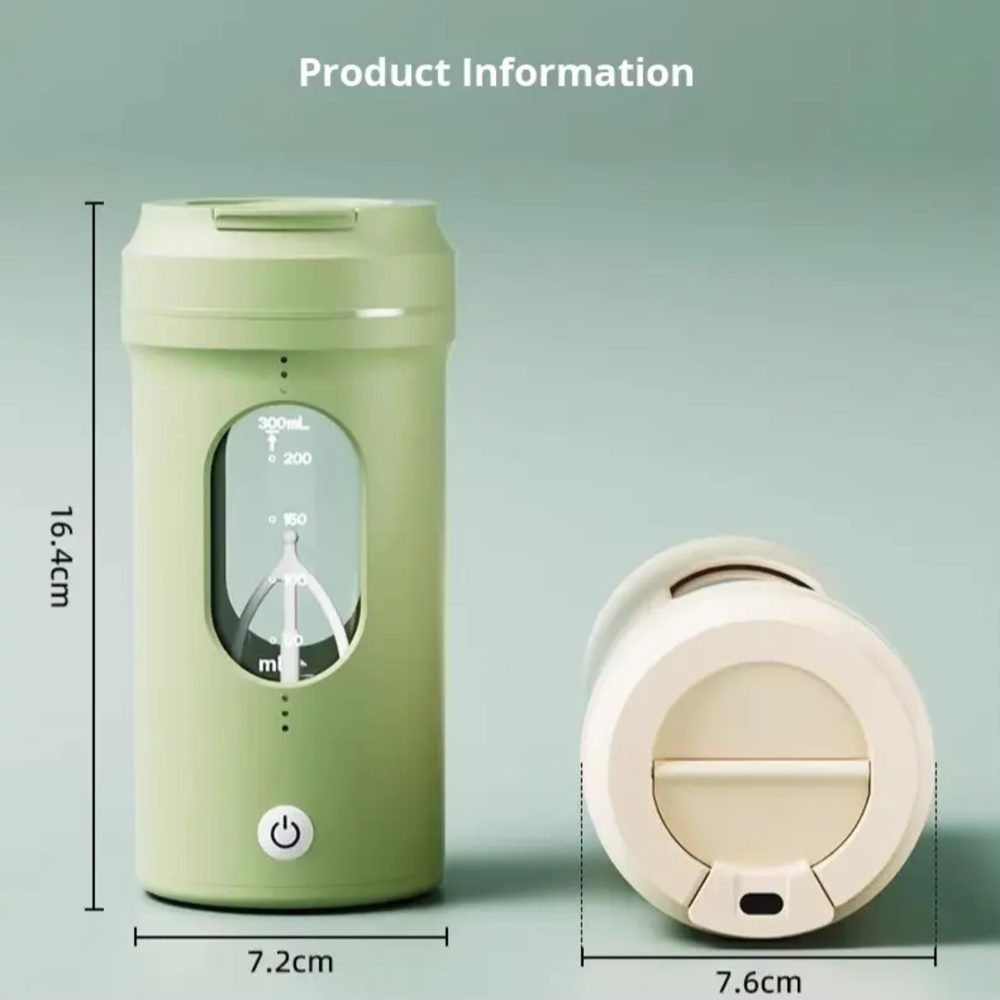 Compact green portable blender with transparent scale window and power button, 16.4cm high