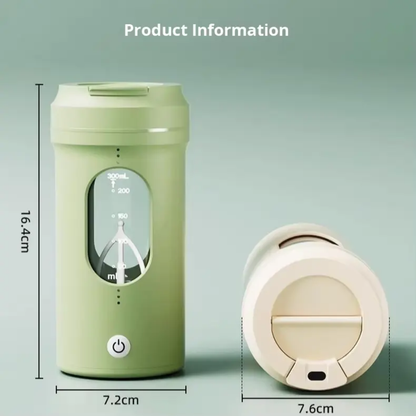 Compact green portable blender with transparent scale window and power button, 16.4cm high