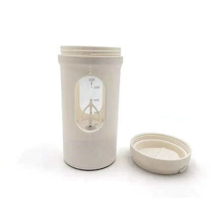 White plastic measuring container with volume scale up to 300ml and detachable screw-on lid