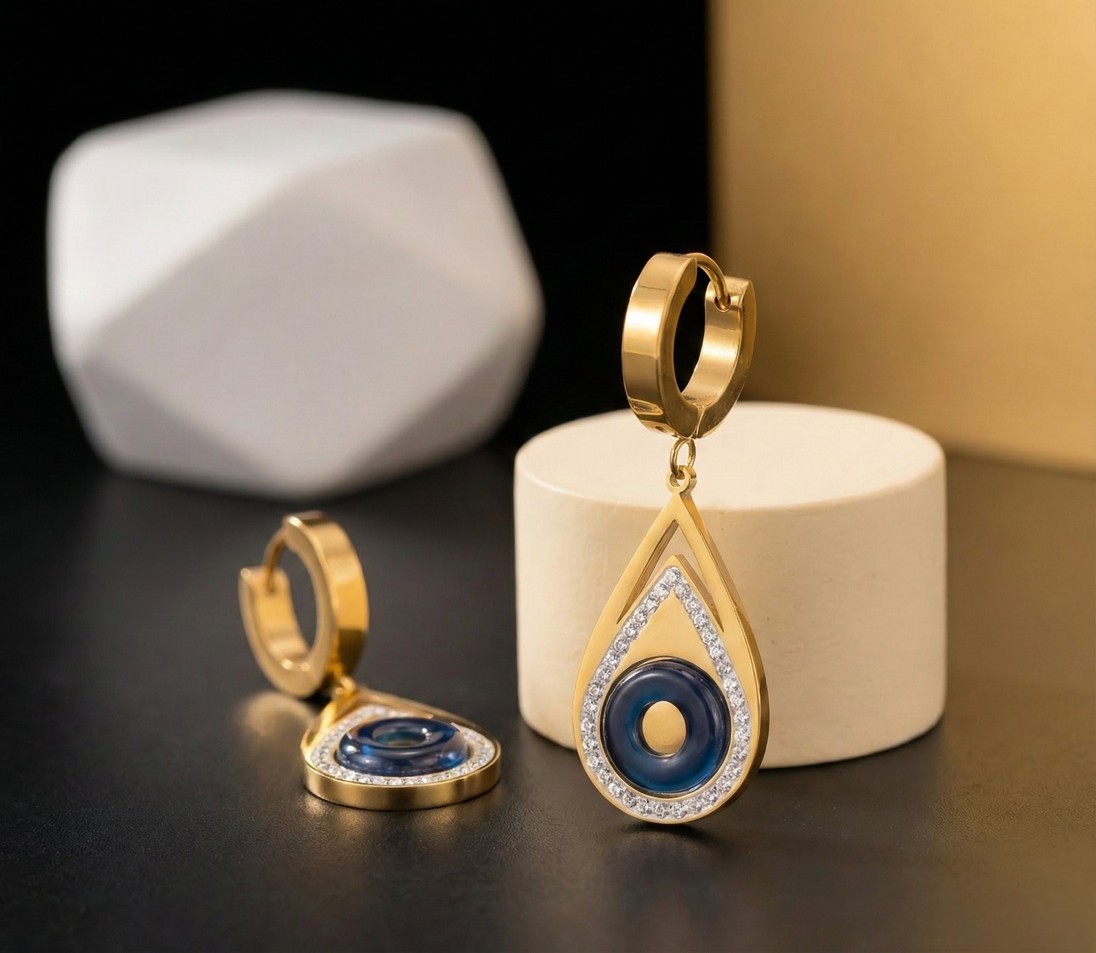 Luxury Gold Teardrop Dangle Earrings with Crystal Center – Party & Casual Wear