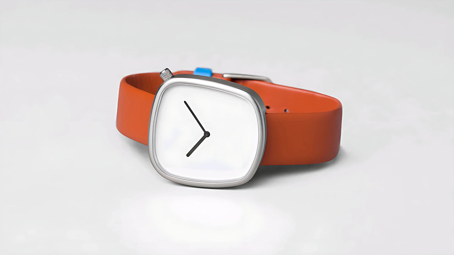 Modern wristwatch with a square silver case and orange leather strap on a white background