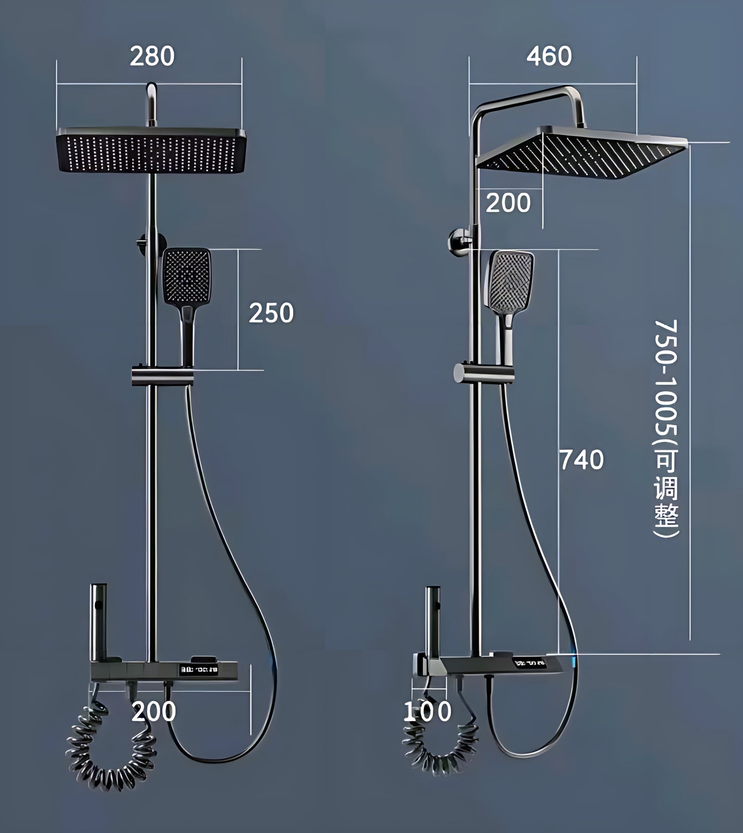 Modern dual shower system with square overhead and handheld showerheads, detailed dimensions shown
