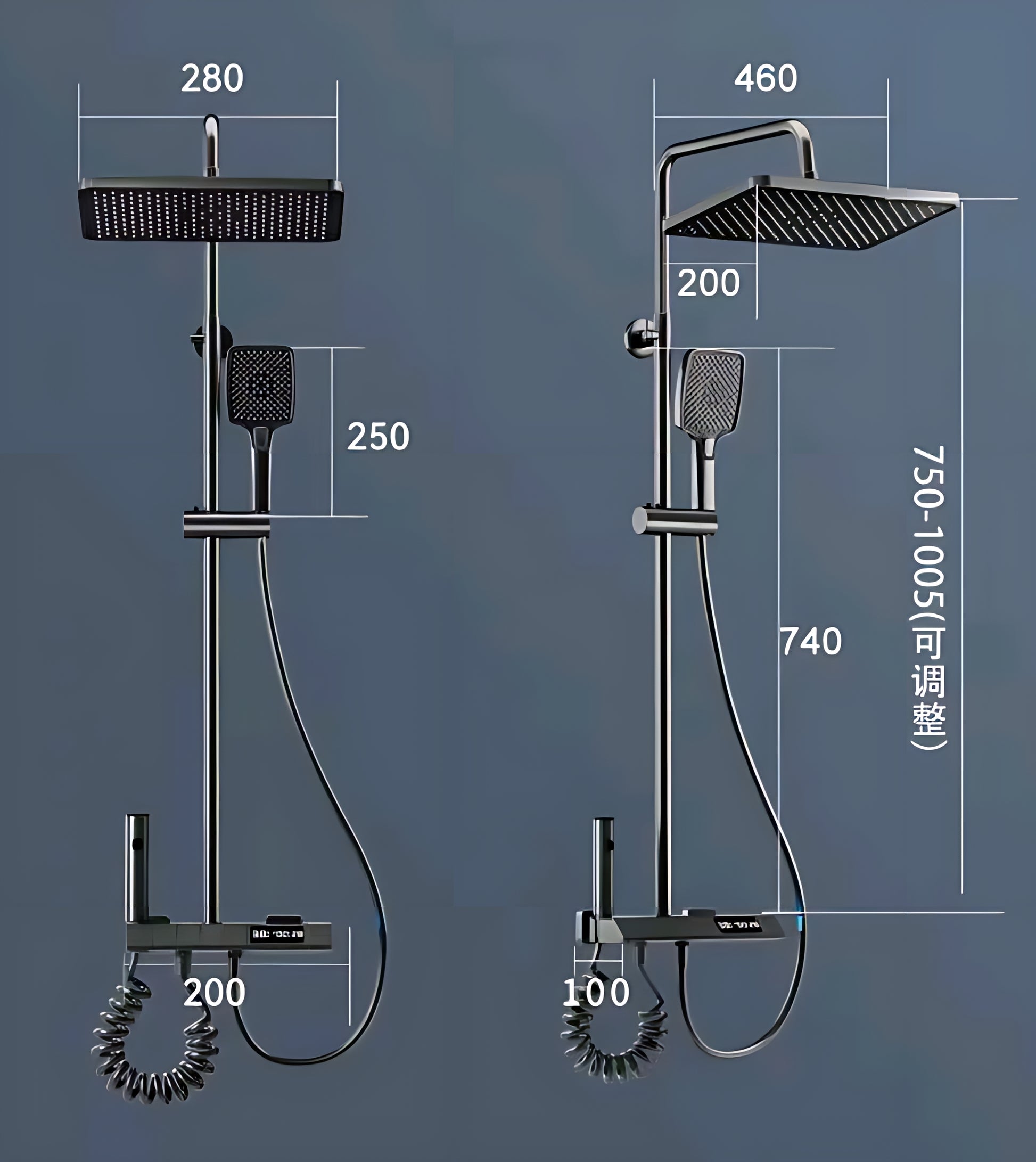 Modern dual shower system with square overhead and handheld showerheads, detailed dimensions shown