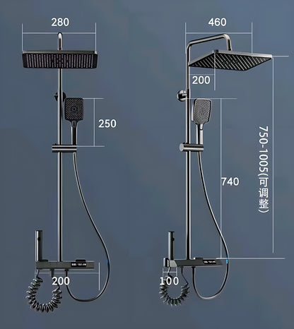 Modern dual shower system with square overhead and handheld showerheads, detailed dimensions shown