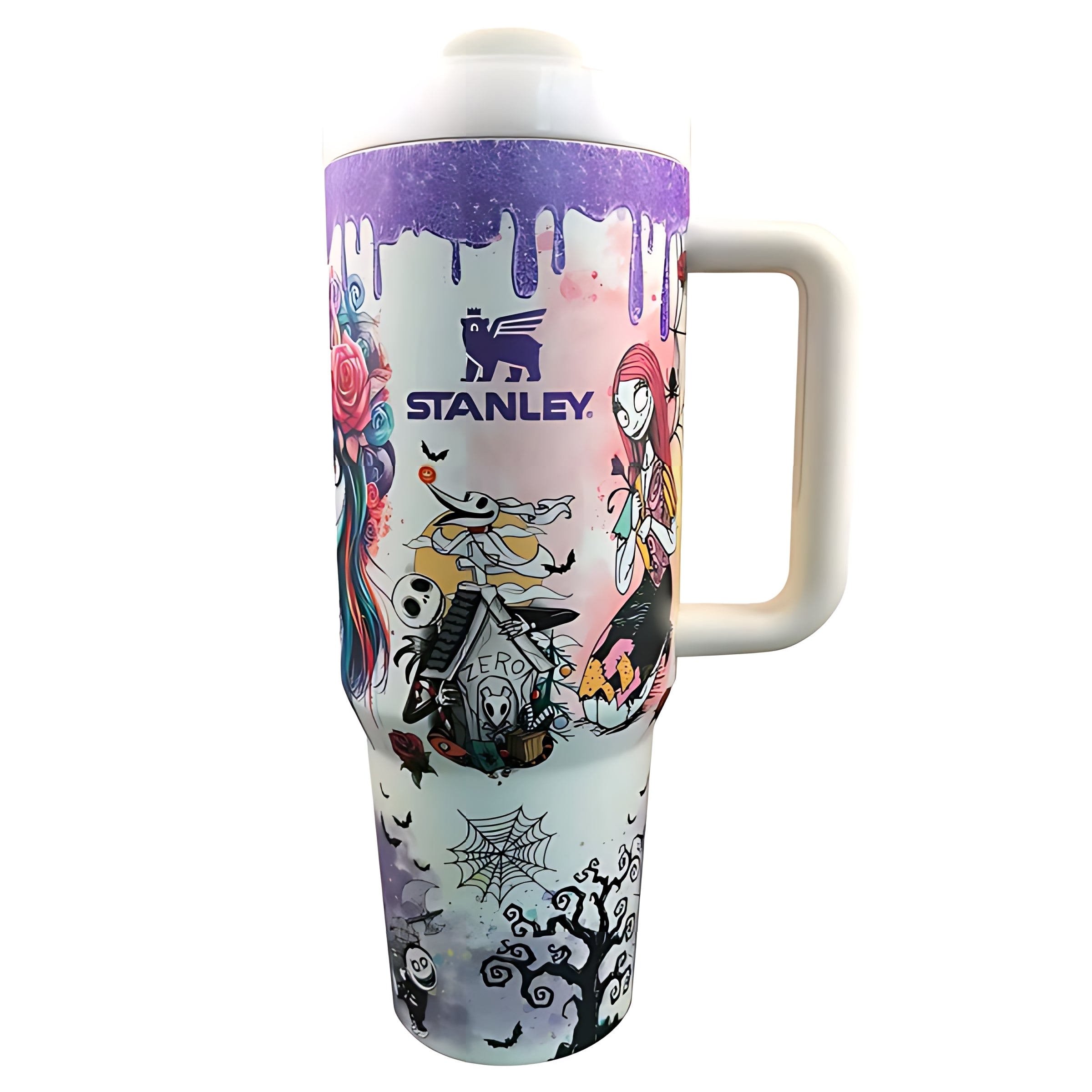 Stanley travel mug with colorful Halloween-themed characters and purple drip design