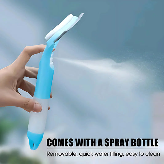 Hand holding blue and white spray bottle with mist spray, easy to clean and refill