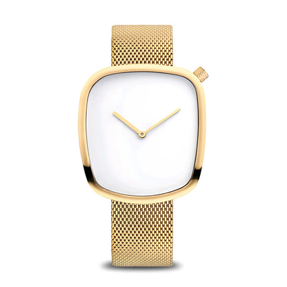 Elegant gold wristwatch with mesh strap and minimalist square white dial